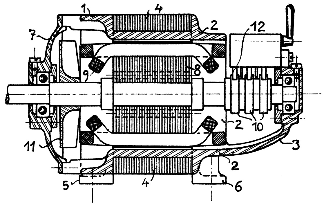 Konstruktionszeichnung des Innenläufermotors mit außenstehendem Käfig